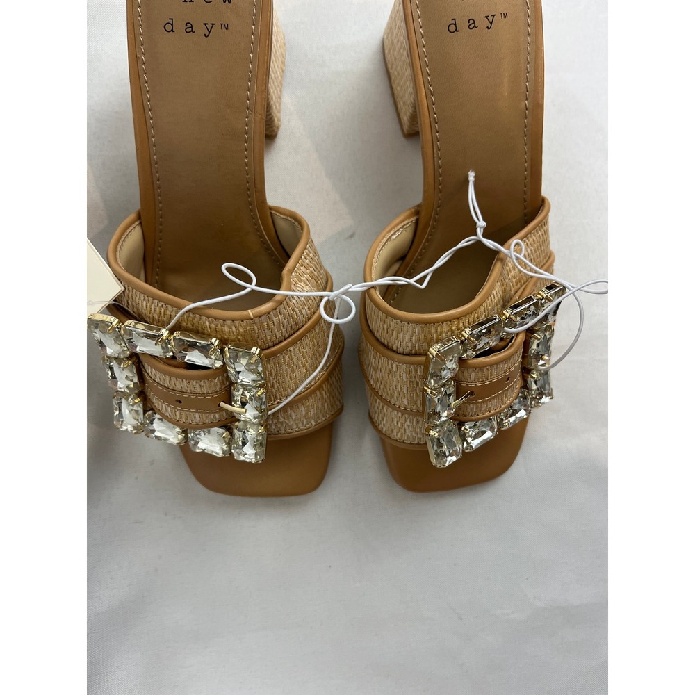 A New Day Womens Raffia Block Heel Sandals Crystal Buckle Slide Mules Tan Size 6 - Picture 2 of 6